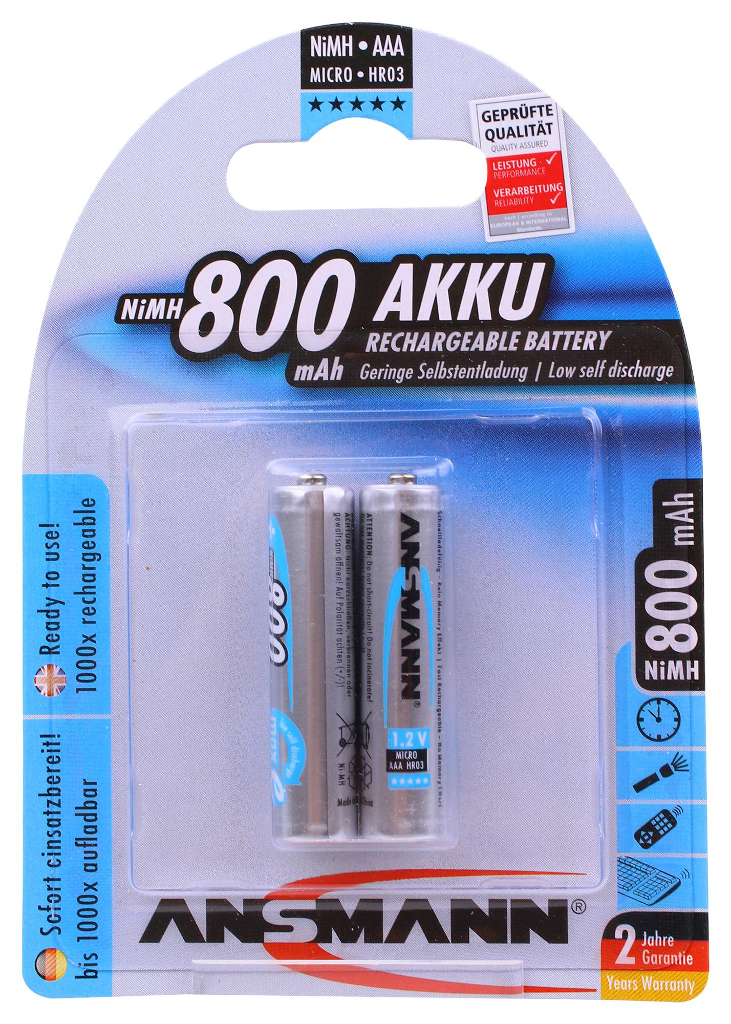 Ansmann 5030982 Battery,aaa,ni-Mh,800Mah,1.2V, Pk2