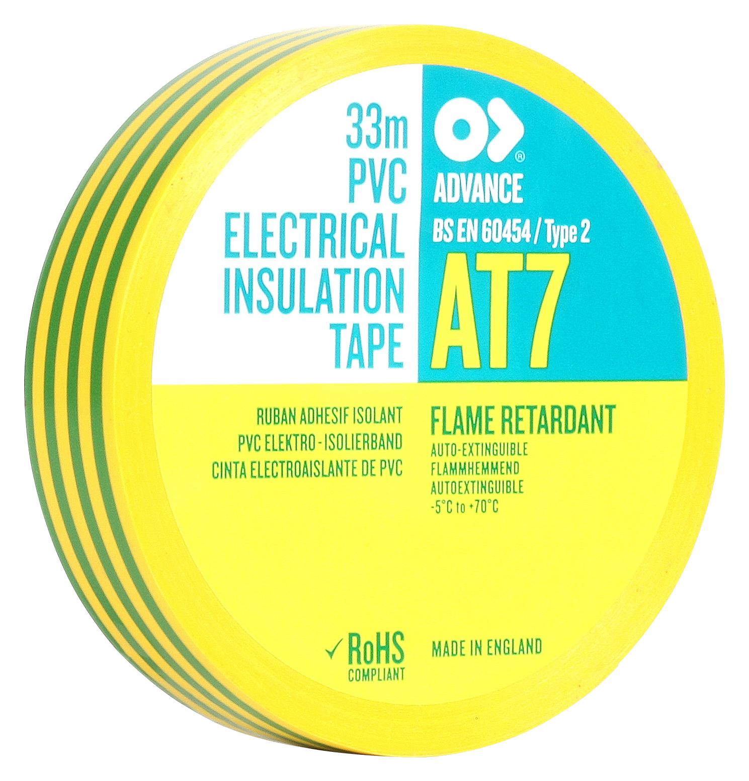 Advance Tapes At7 Green / Yellow 33M X 19mm Electrical Insultape, Pvc, 33M X 19mm