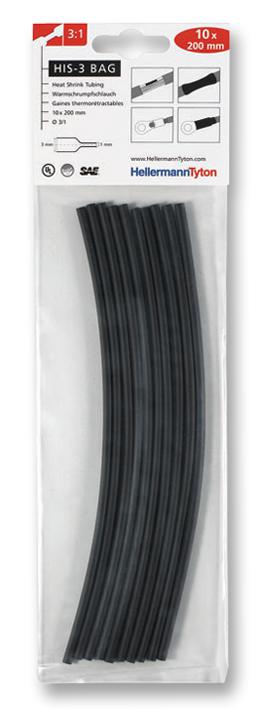 HellermannTyton 308-30310 Heatshrink, 3: 1, 3mm, Blk, Pk10