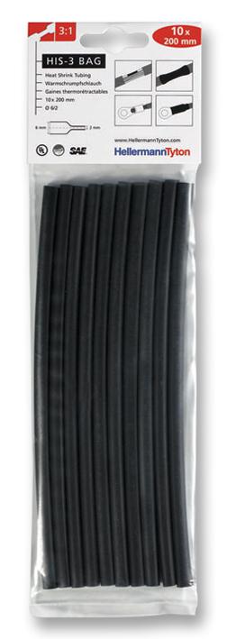 HellermannTyton 308-30610 Heatshrink, 3: 1, 6mm, Blk, Pk10