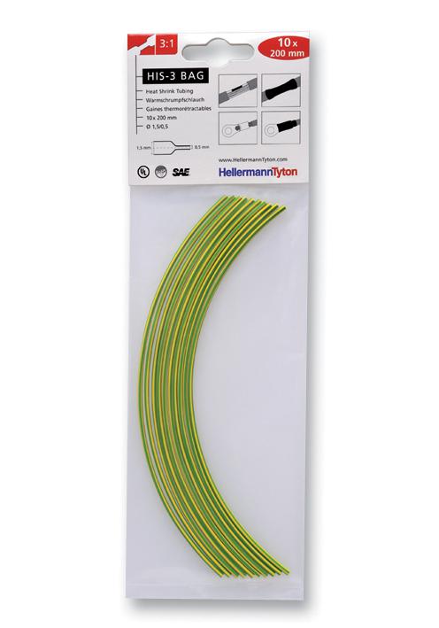 HellermannTyton 308-30165 Heatshrink, 3: 1, 1.5mm, G/y, Pk10