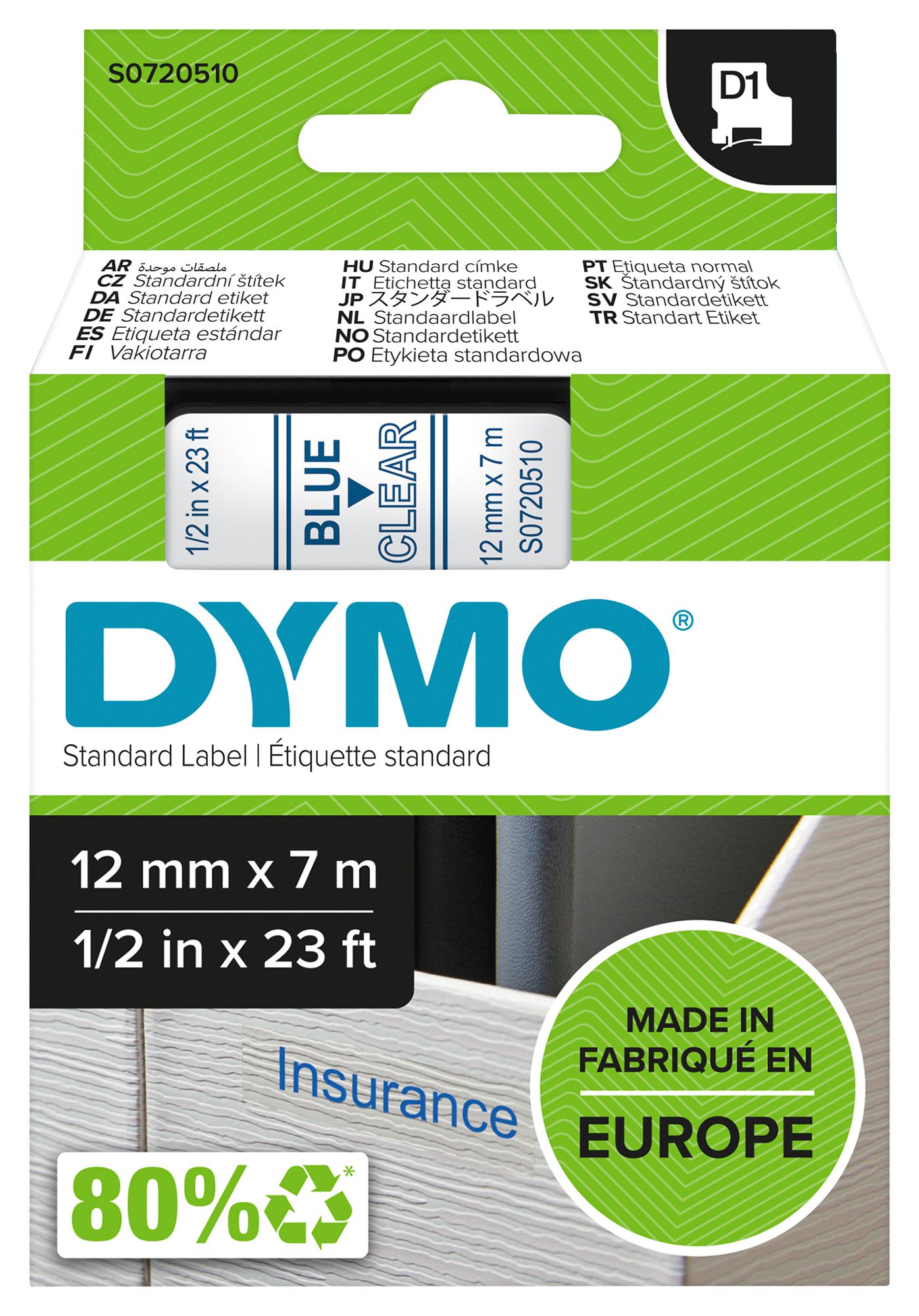 Dymo 45011 Tape, Blue/clear, 12mm