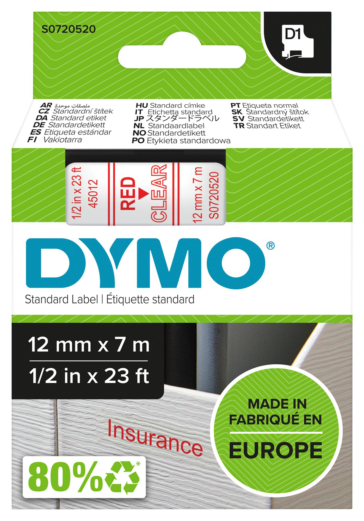 Dymo 45012 Tape, Red/clear, 12mm