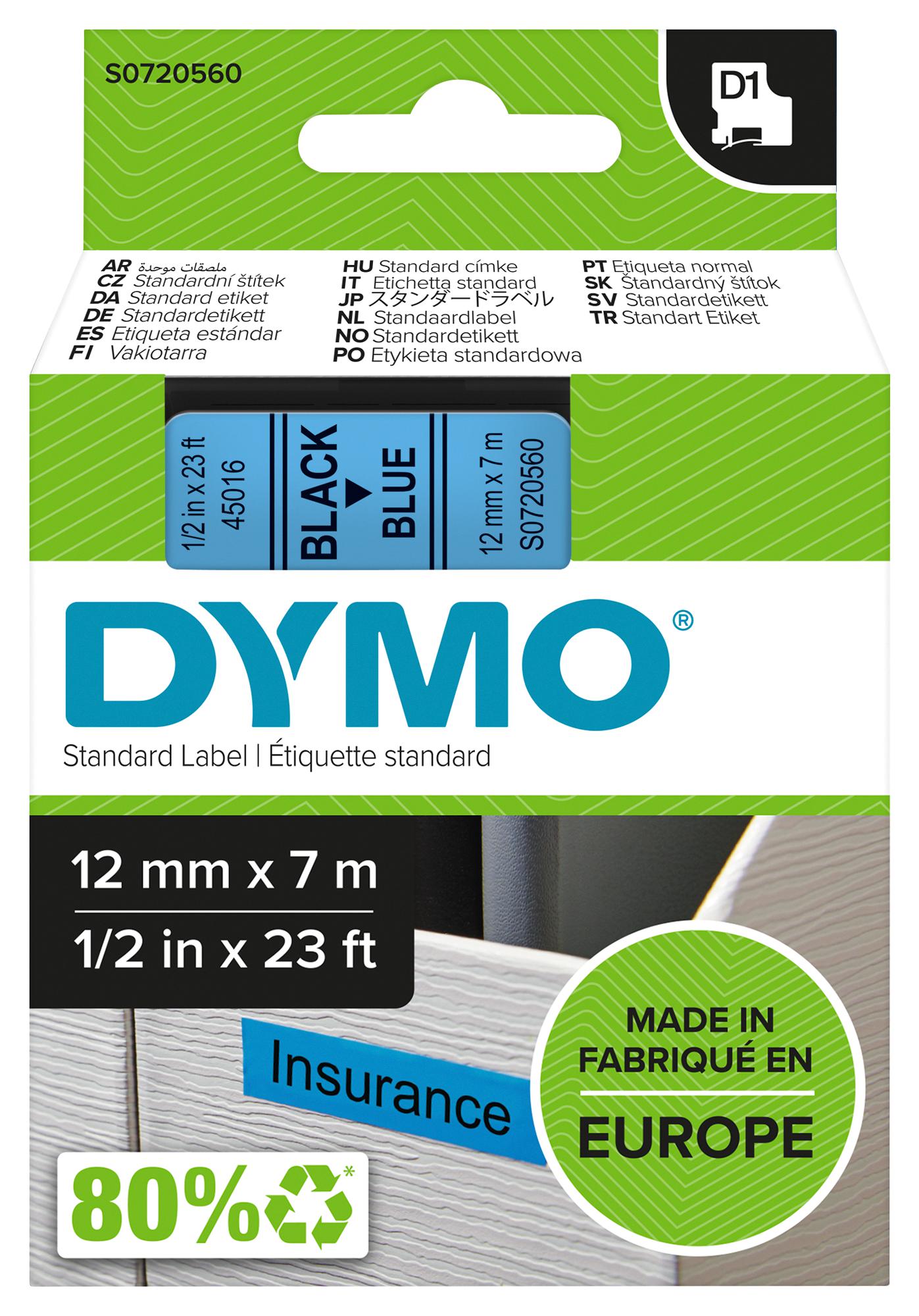 Dymo 45016 Tape, Black/blue, 12mm