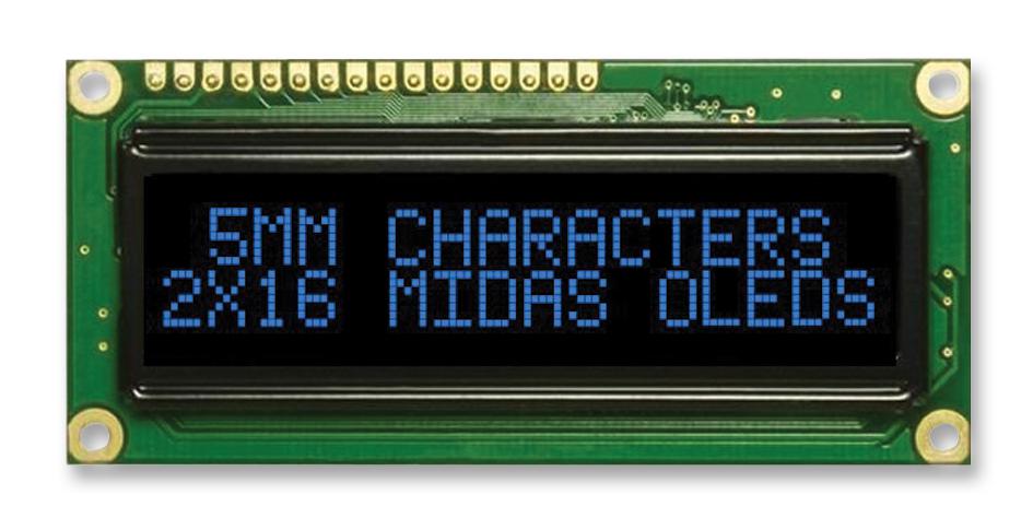 Midas Displays Mcob21605Gx-Ebp Oled, 16X2, Blue, W/t, 4 Font Sets