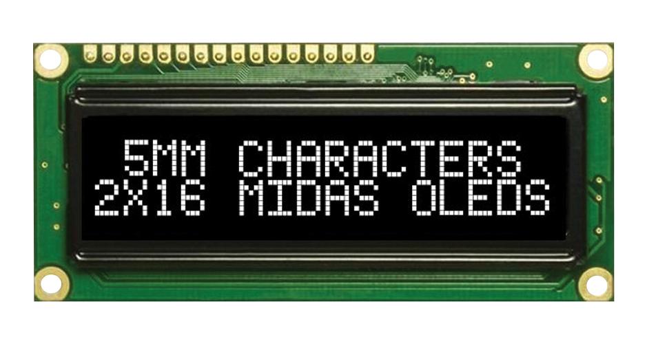 Midas Displays Mcob21605Gx-Ewp Oled, 16X2, White, W/t, 4 Font Sets