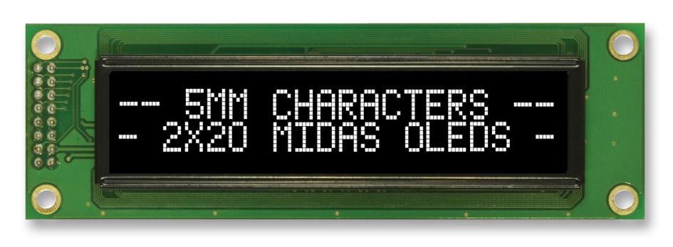 Midas Displays Mcob22005A1V-Ewp Oled, 20X2, White, W/t, 4 Font Sets