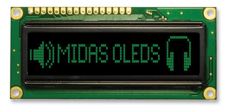 Midas Displays Mcob100016Av-Gp Oled, 100X16, Green, W/t