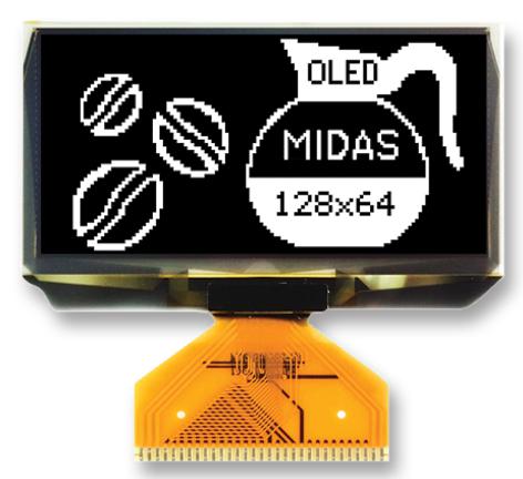 Midas Displays Mcot128064Ey-Wm Oled, 128X64, Tab, White, Multi I/f