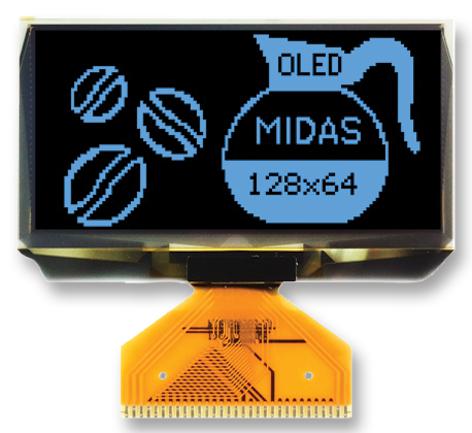 Midas Displays Mcot128064Ey-Bm Oled, 128X64, Tab, Blue, Multi I/f