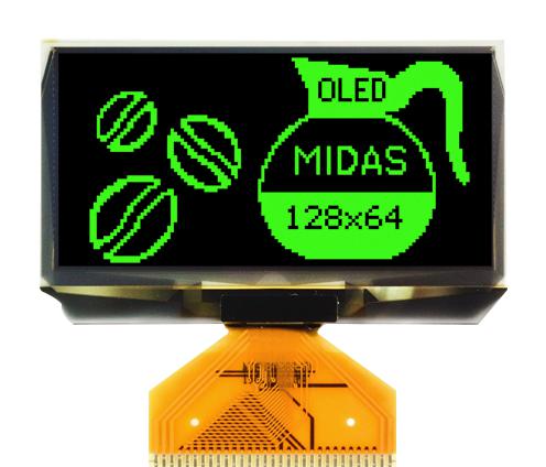 Midas Displays Mcot128064Ey-Gm Oled, 128X64, Tab, Green, Multi I/f