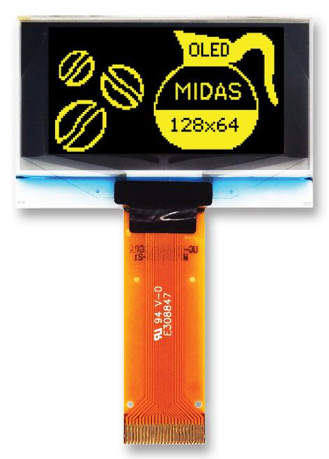 Midas Displays Mcot128064By-Ym Oled, 128X64, Tab, Yellow, Multi I/f