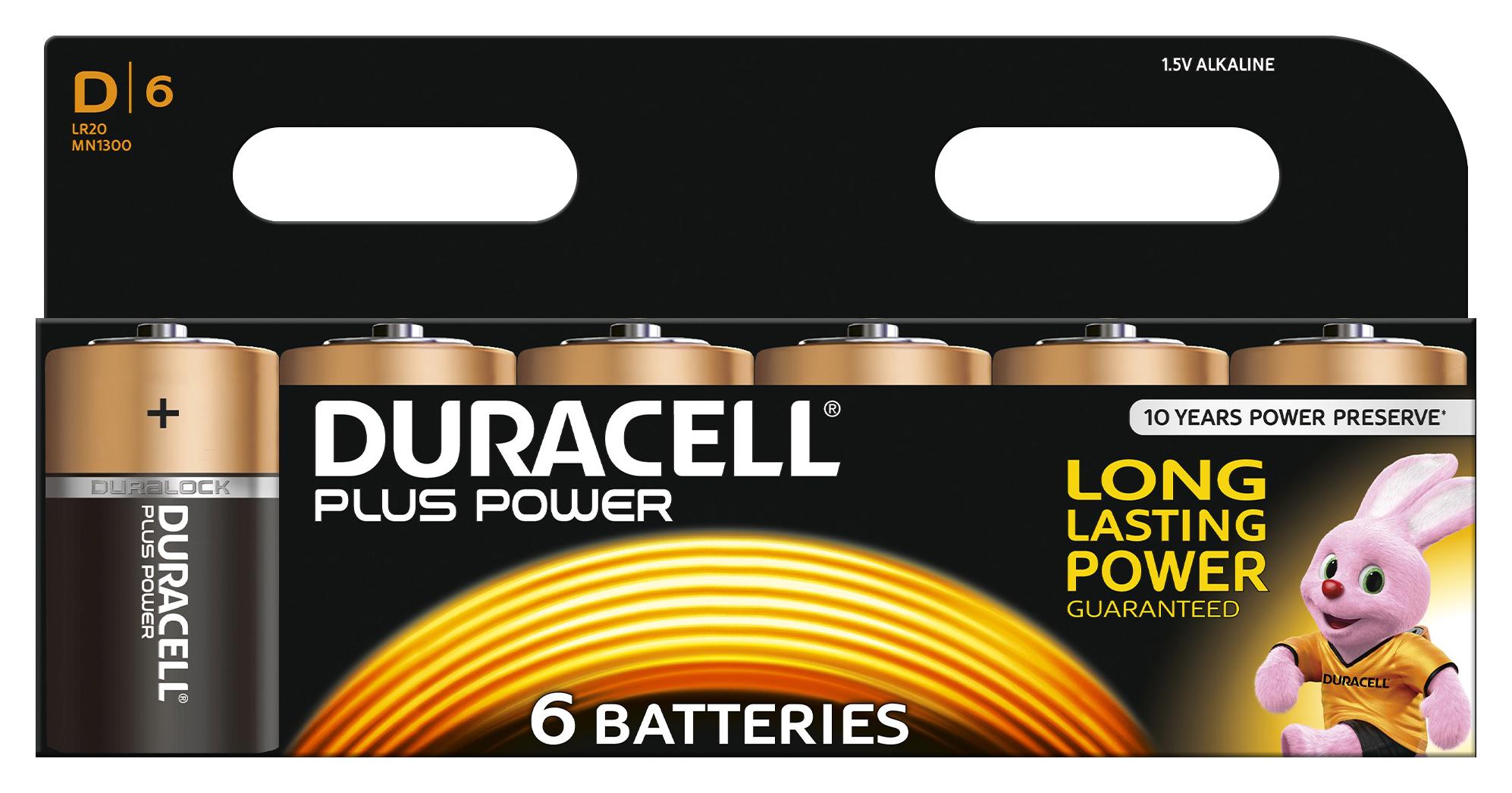 Duracell 5000394019232 Battery, Alkaline, Plus D, Pk6