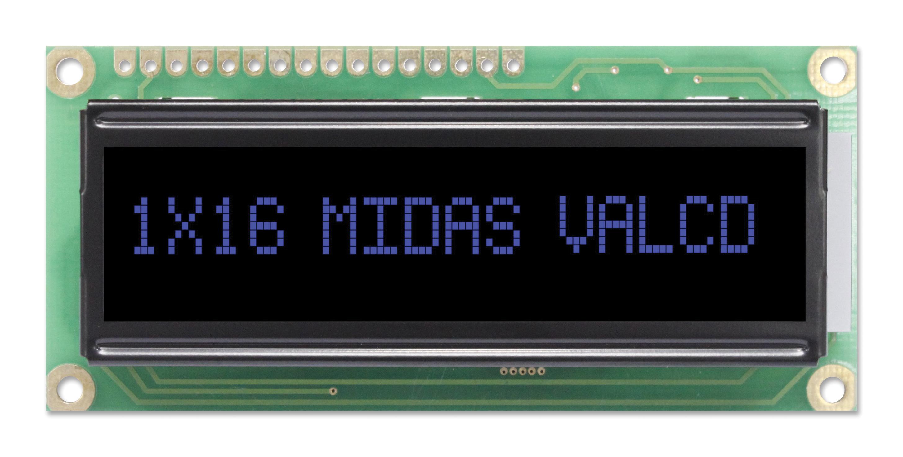 Midas Displays Mc11605A12W-Vnmlb Lcd, Alpha-Num, 16 X 1, Blue