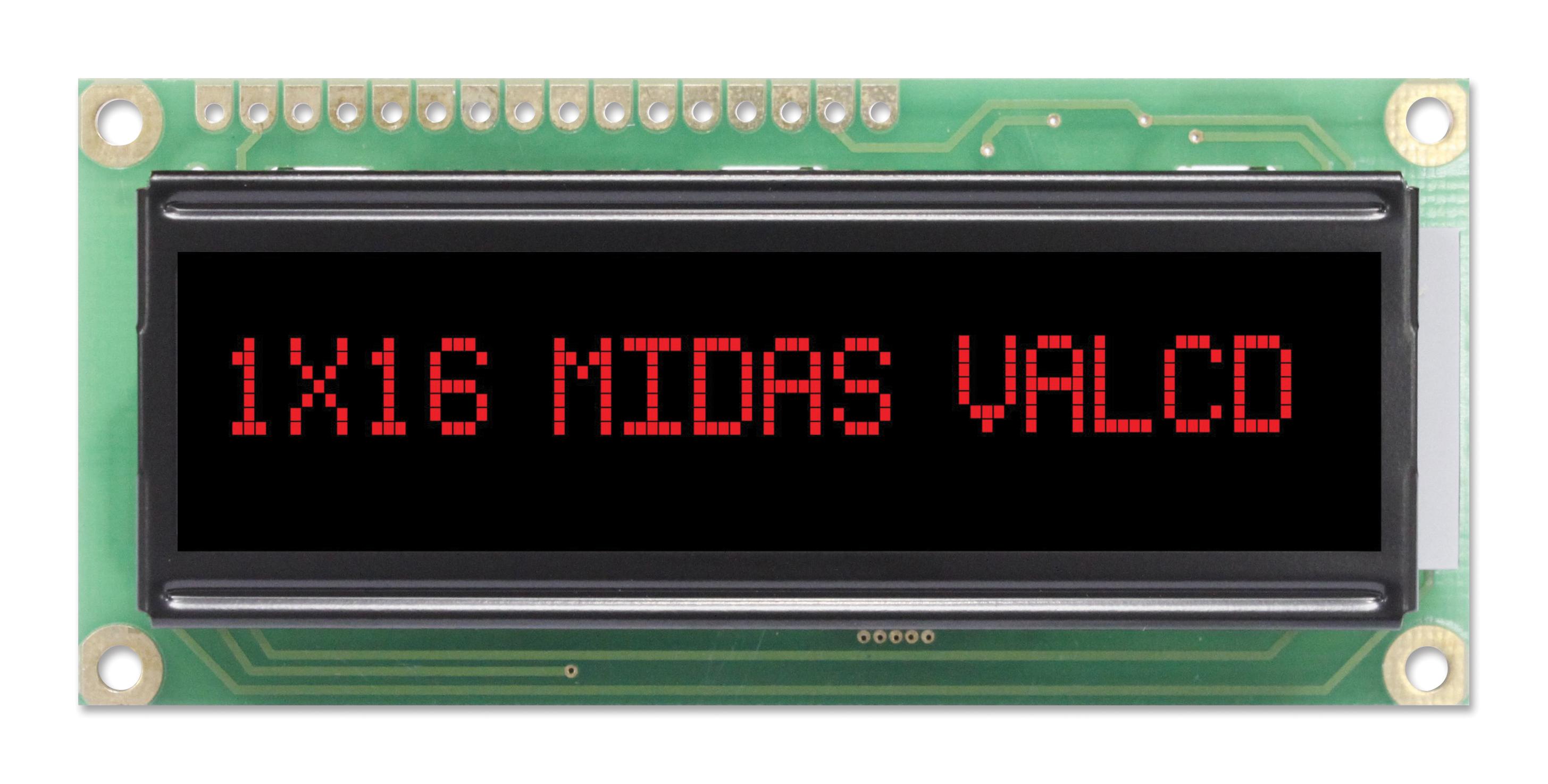 Midas Displays Mc11605A12W-Vnmlr Lcd, Alpha-Num, 16 X 1, Red