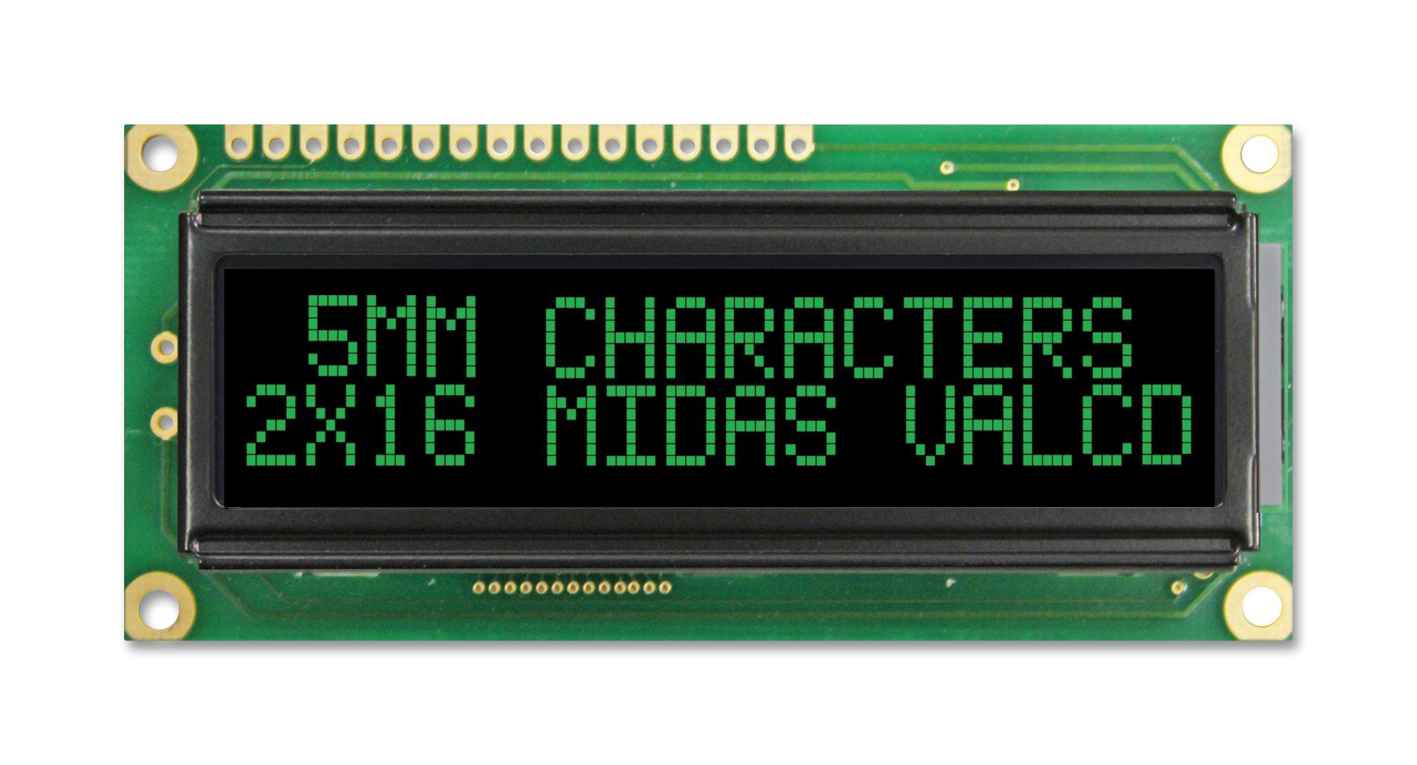 Midas Displays Mc21605G12W-Vnmlg Lcd, Alpha-Num, 16 X 2, Green