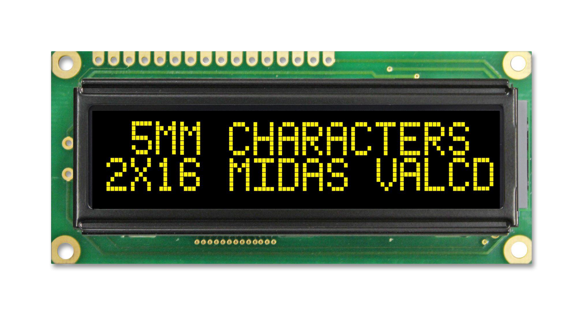 Midas Displays Mc21605G12W-Vnmly Lcd, Alpha-Num, 16 X 2, Yellow-Green