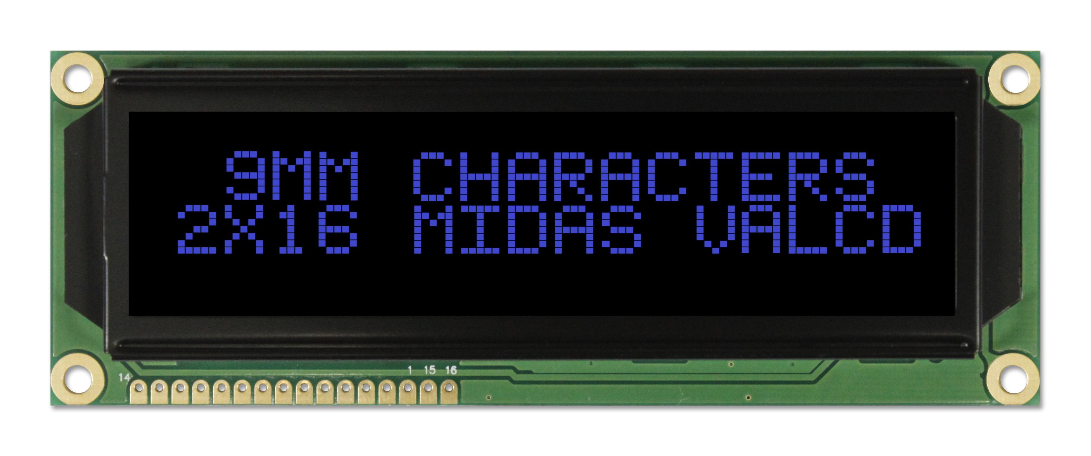 Midas Displays Mc21609A12W-Vnmlb Lcd, Alpha-Num, 16 X 2, Blue