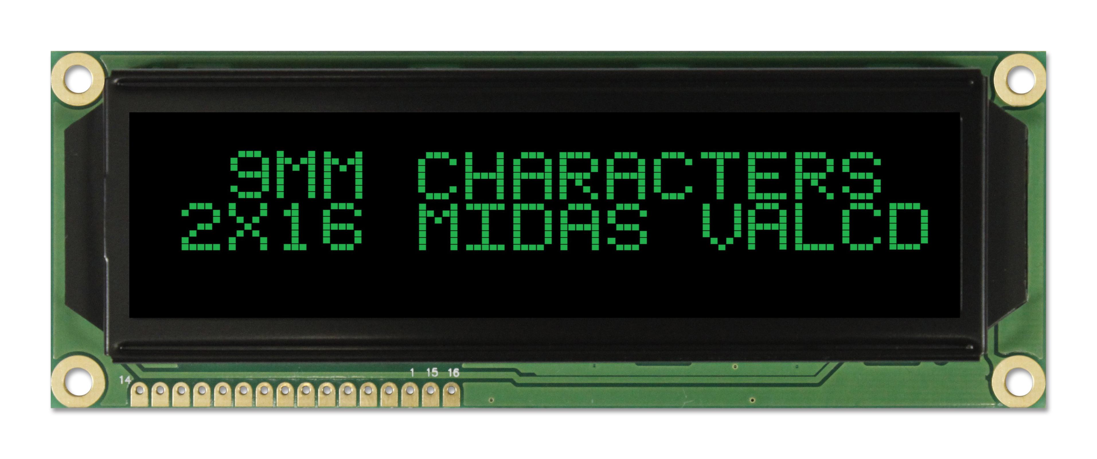 Midas Displays Mc21609A12W-Vnmlg Lcd, Alpha-Num, 16 X 2, Green