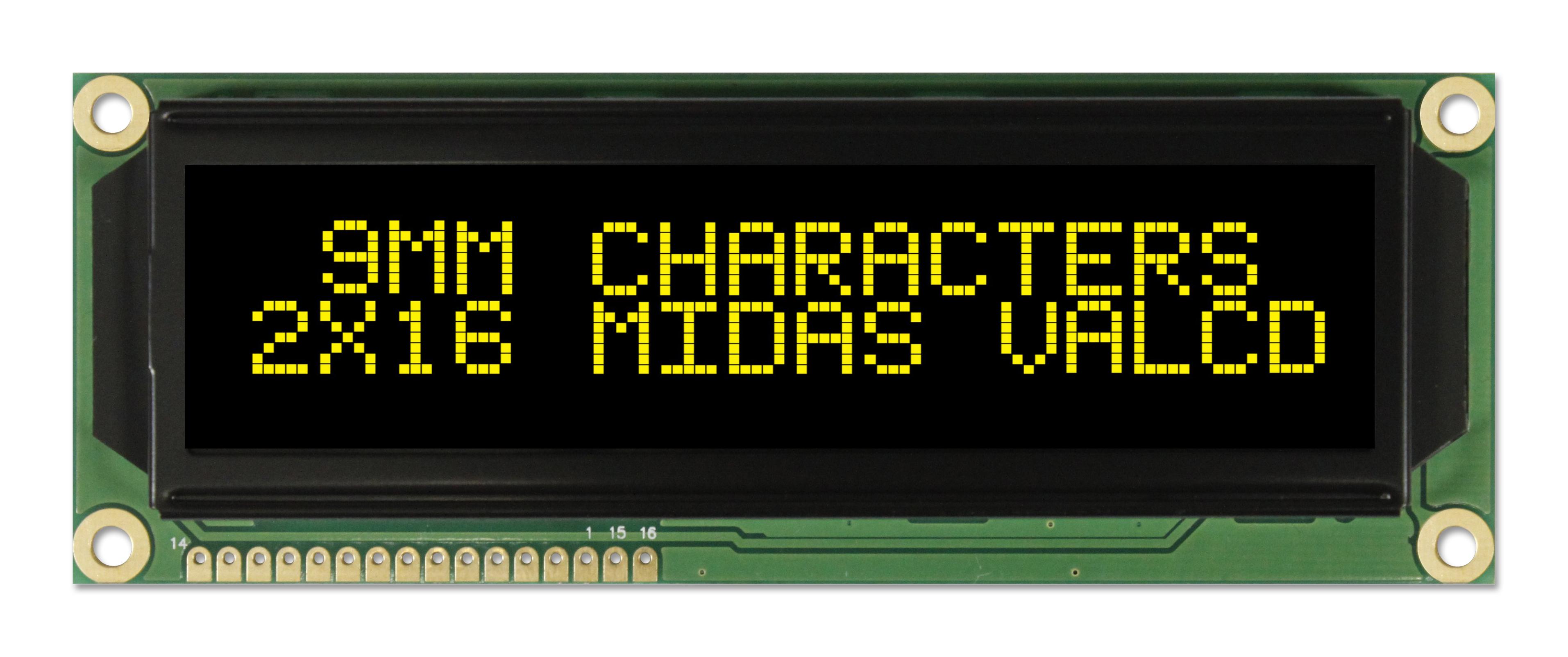 Midas Displays Mc21609A12W-Vnmly Lcd, Alpha-Num, 16 X 2, Yellow-Green