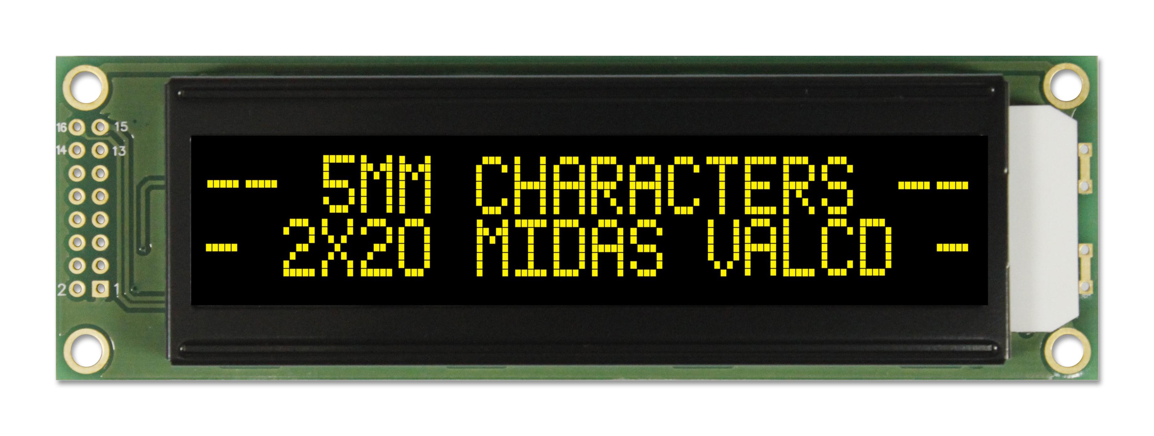 Midas Displays Mc22005A12W-Vnmly Lcd, Alpha-Num, 20 X 2, Yellow-Green