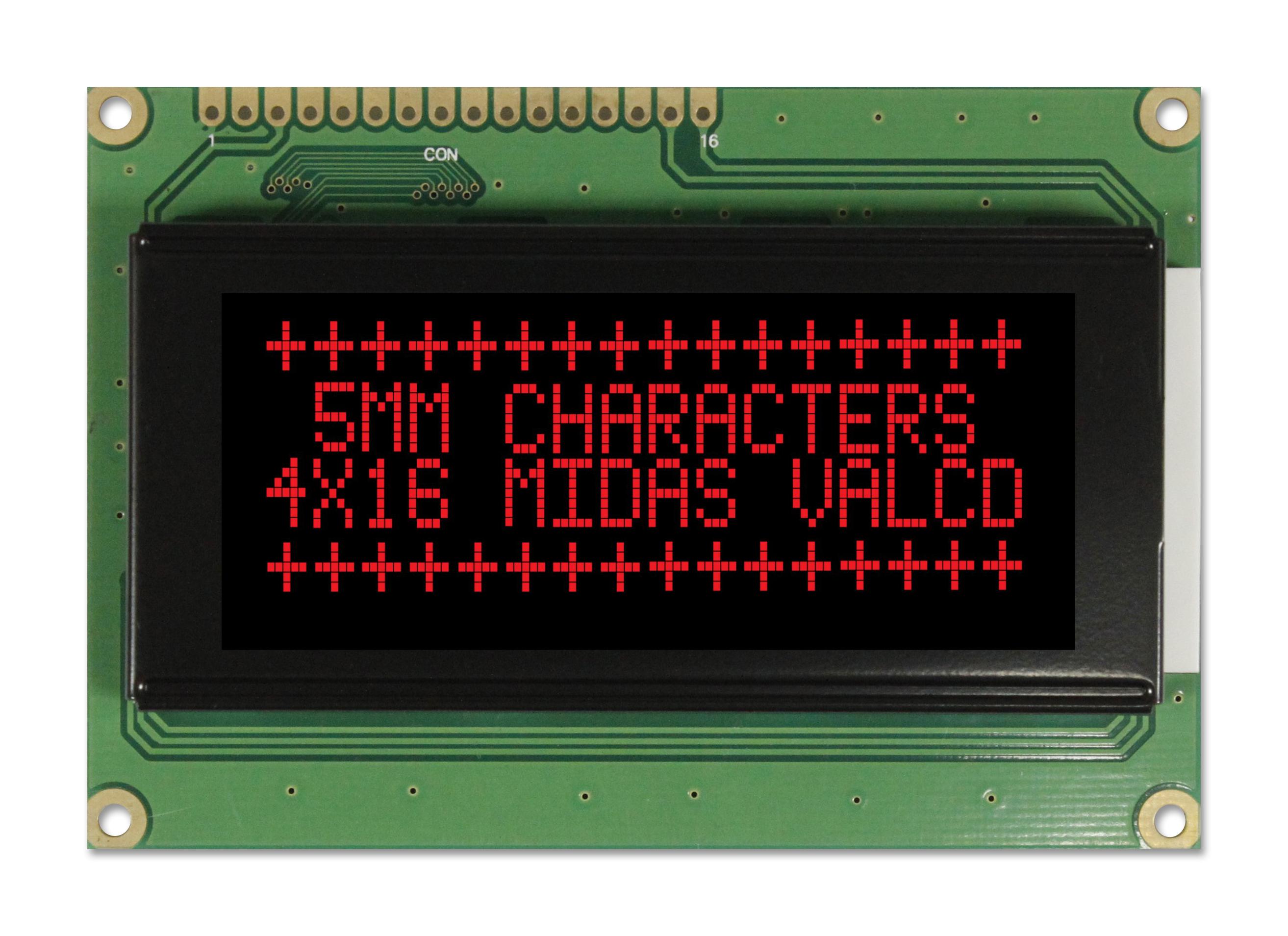 Midas Displays Mc41605A12W-Vnmlr Lcd, Alpha-Num, 16 X 4, Red