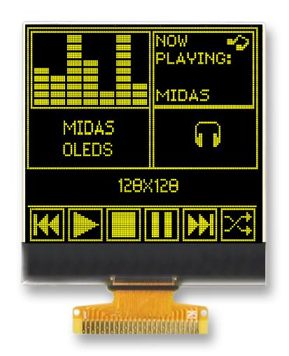 Midas Displays Mcot128128Bv-Ym Oled Display, 128 X 128, White, 40.81mm