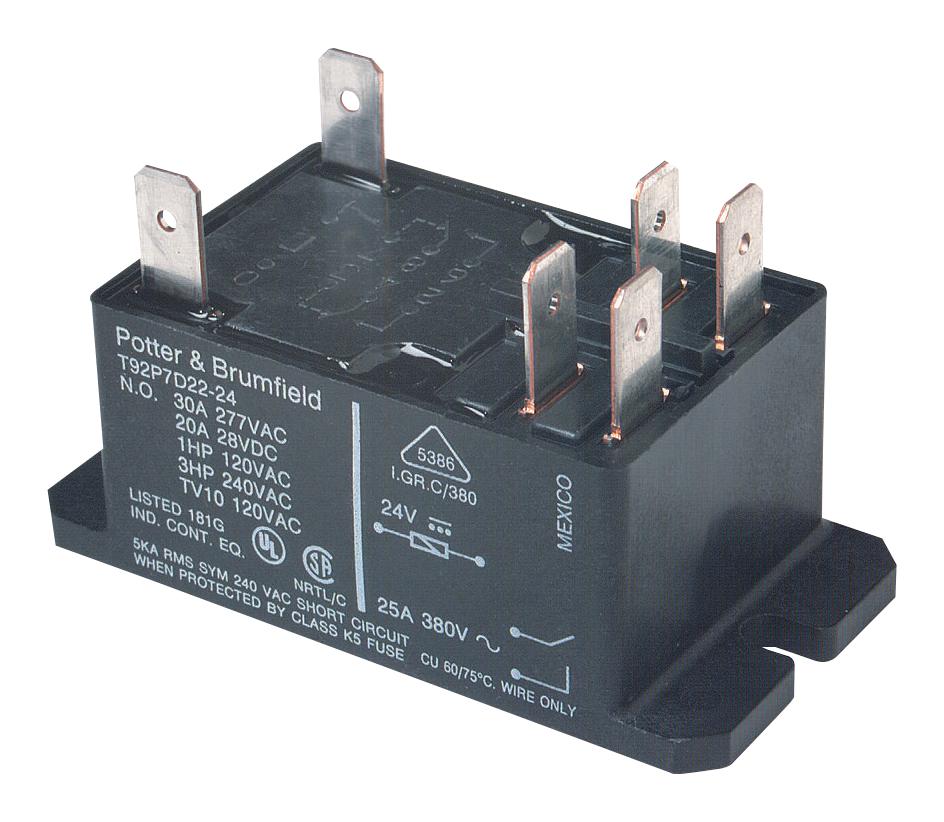 Potter & Brumfield Relays / Te Connectivity T92P7D12-24 Power Relay, 24Vdc, Dpst-No, 40A, Tht