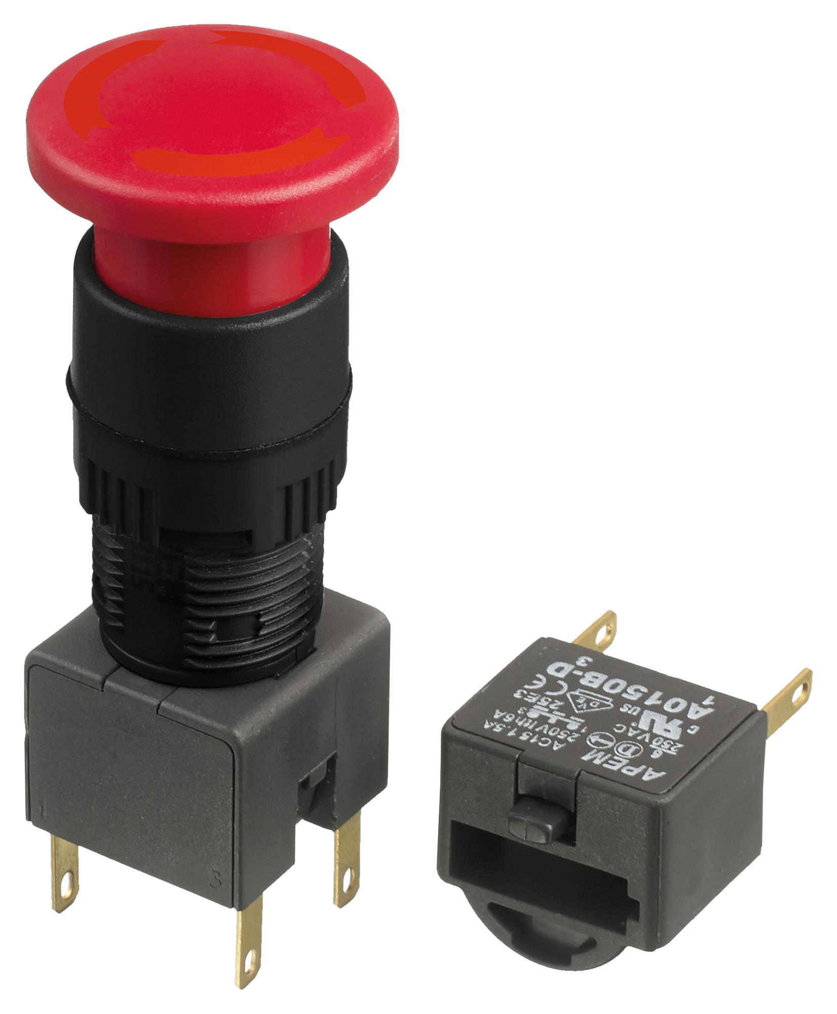 APEM A01Es-Dm+A0154B-D Emergency Stop Sw, Dpst-No, 6A, 250Vac