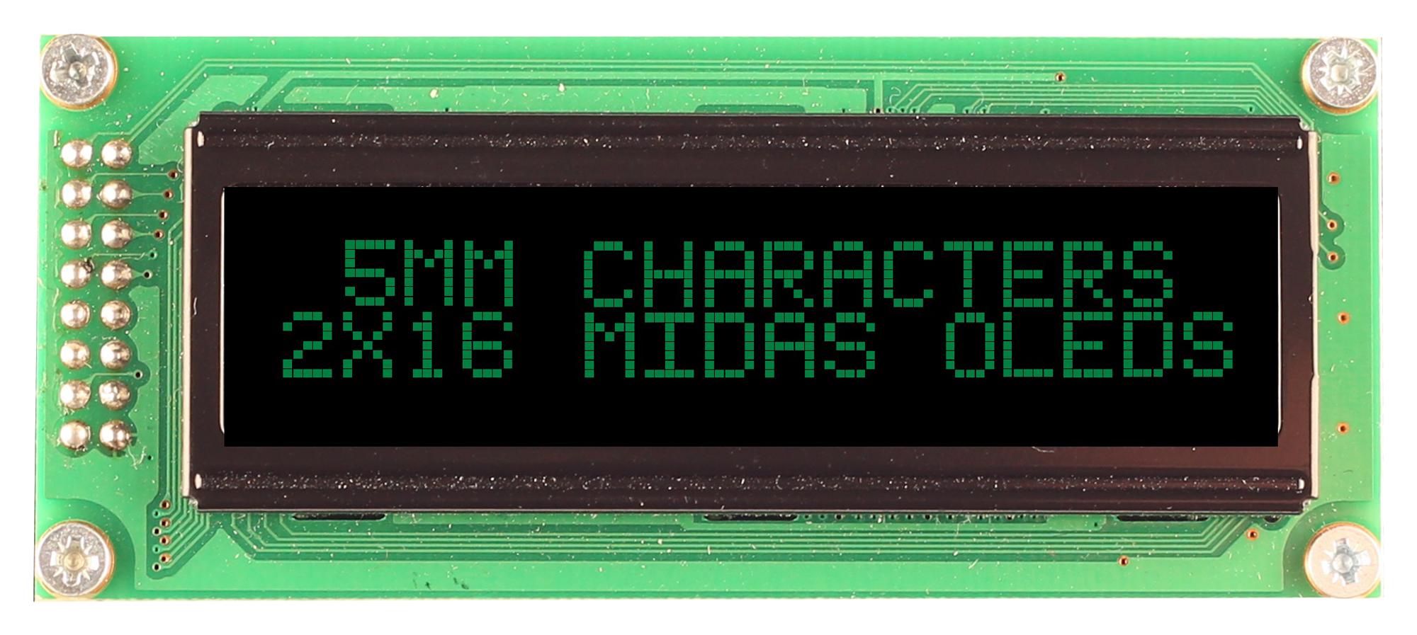 Midas Displays Mcob21605B1V-Egp Display, Oled, Cob, 16X2, Green On Black