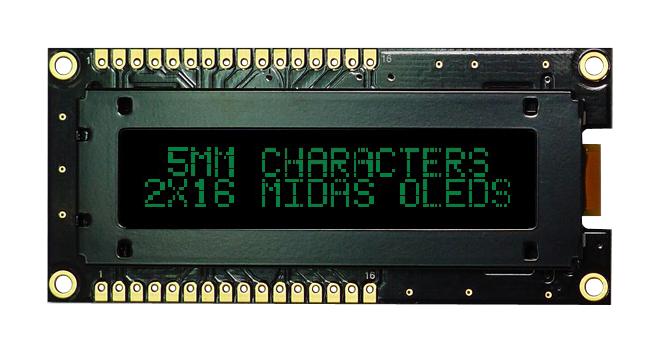 Midas Displays Mcob21605Gx-Egp Display, Oled, Cob, 16X2, Green On Black