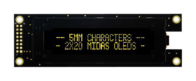 Midas Displays Mcob22005Ax-Eyp Display, Oled, Cob, 20X2, Yel On Black