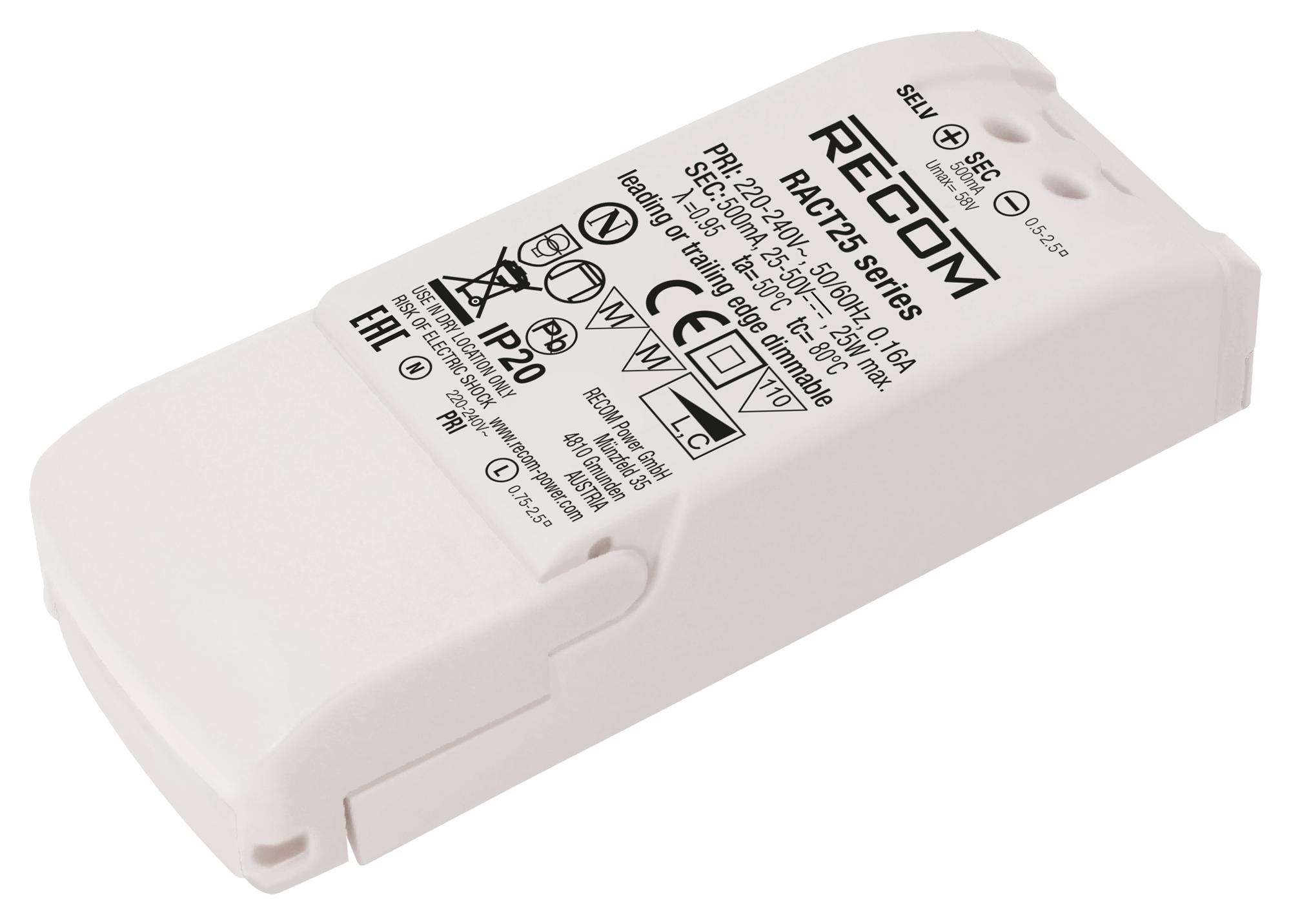 RECOM Power Ract25-500 Led Driver, Single O/p, Cc Mode, 25W