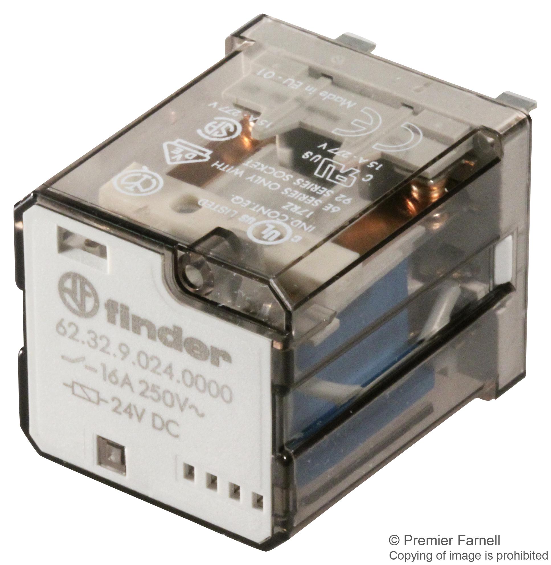 Finder Relays Relays 62.32.9.024.0000 Relay, Dpdt, 24Vdc, 16A, Socket