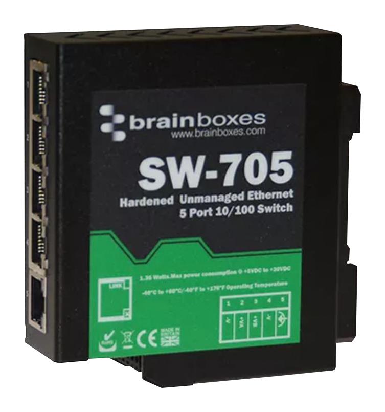 Brainboxes Sw-705 Ethernet Switch, Rj45X5, 10/100Mbps