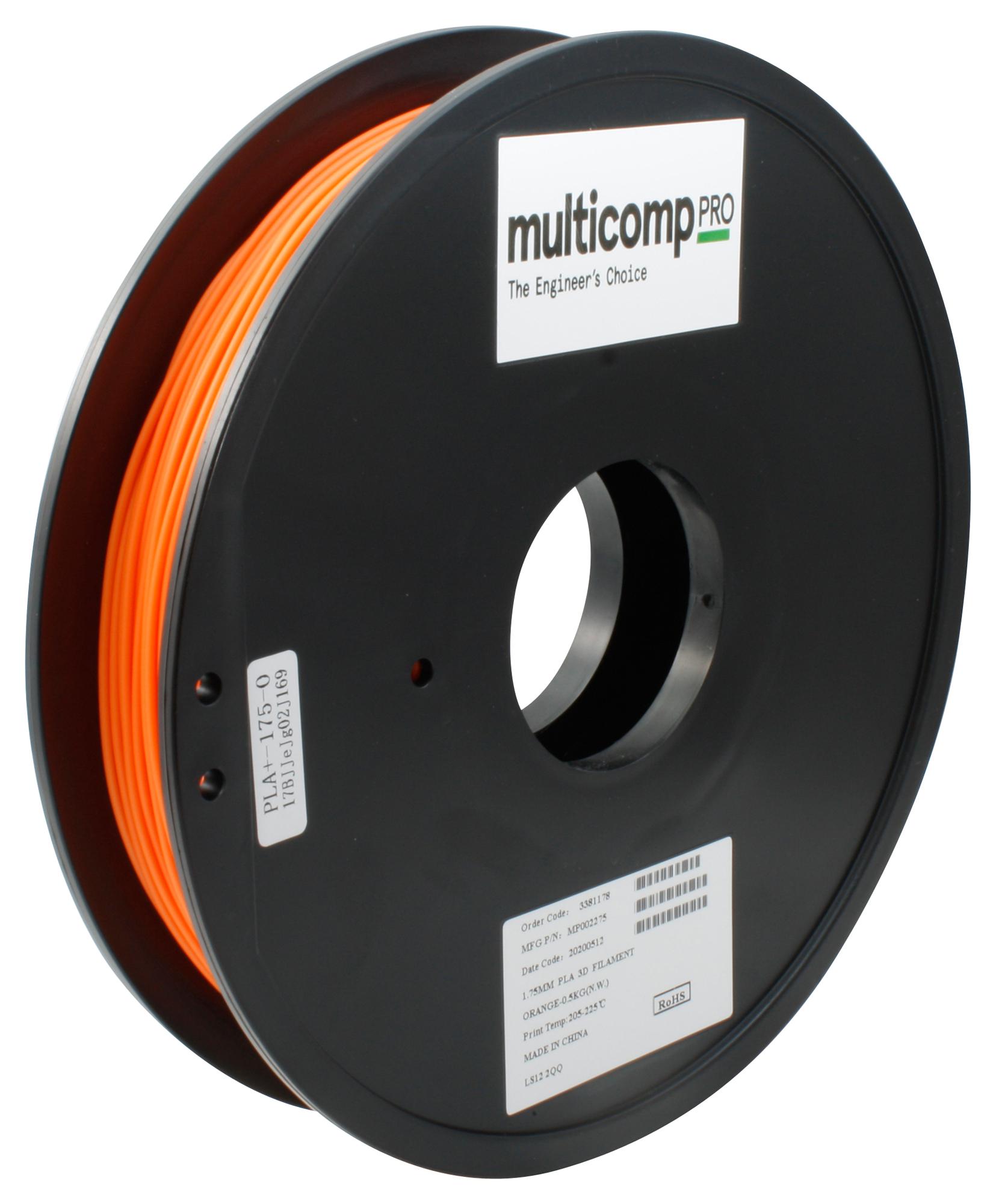 Multicomp Pro Mp002275 3D Printer Filament, Pla/1.75mm/org/500G