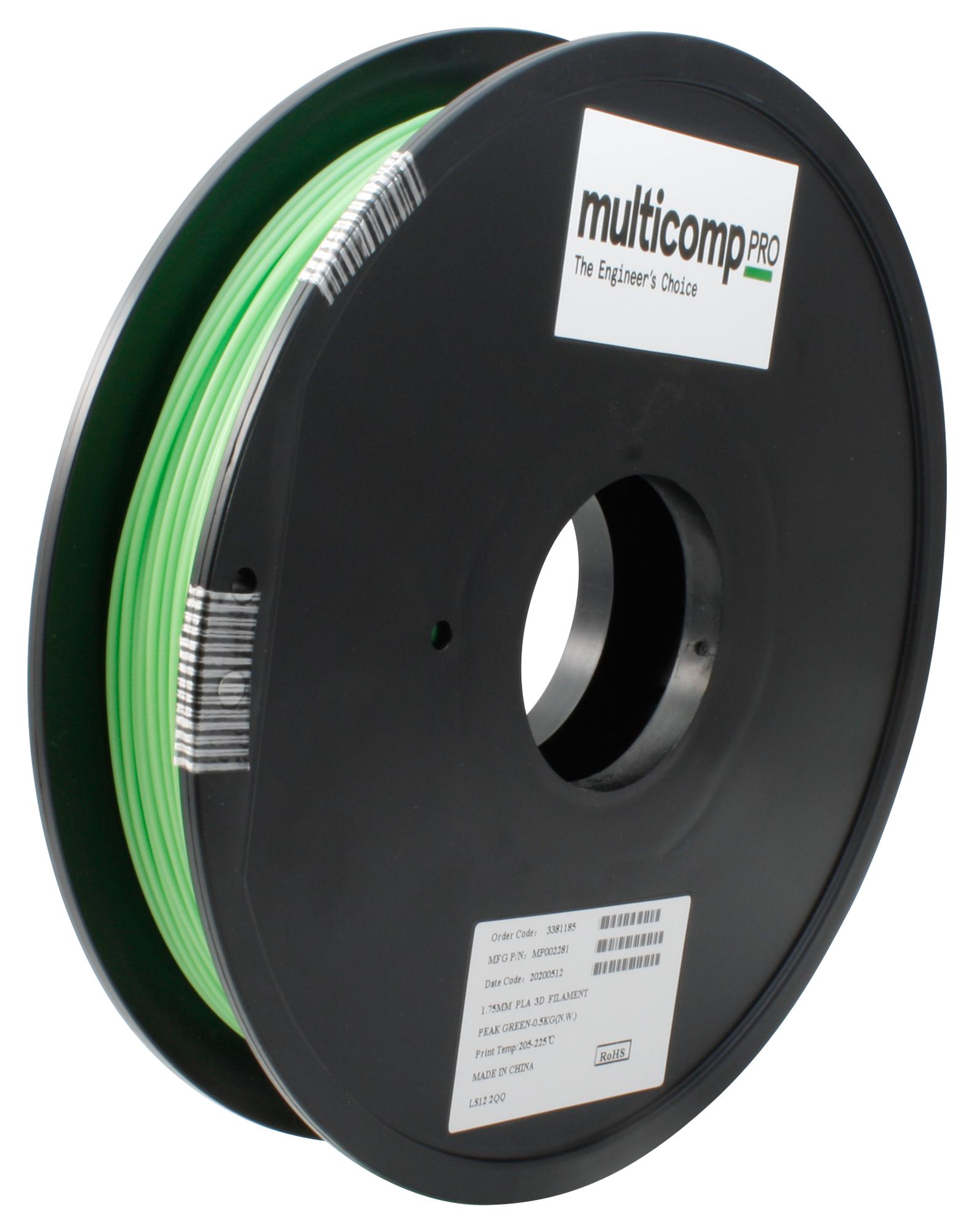 Multicomp Pro Mp002281 3D Printer Filament, Pla/1.75mm/grn/500G