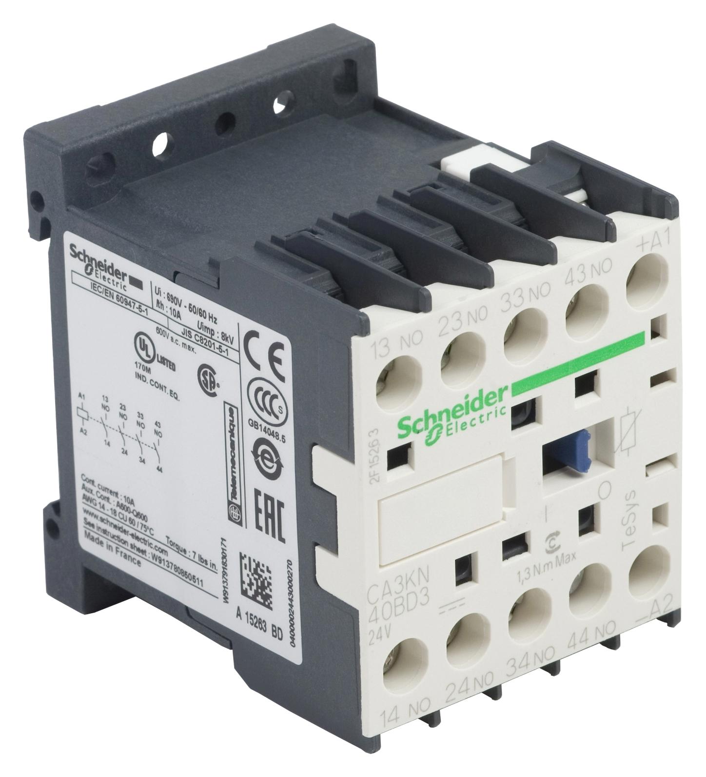 Schneider Electric Ca3Kn40Bd3 Contactor, 4Pst-No, 24V, Din Rail/panel