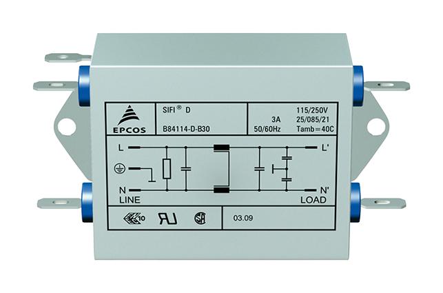 EPCOS B84114D0000B030 Power Line Filter, 1-Phase, 3A, 250V