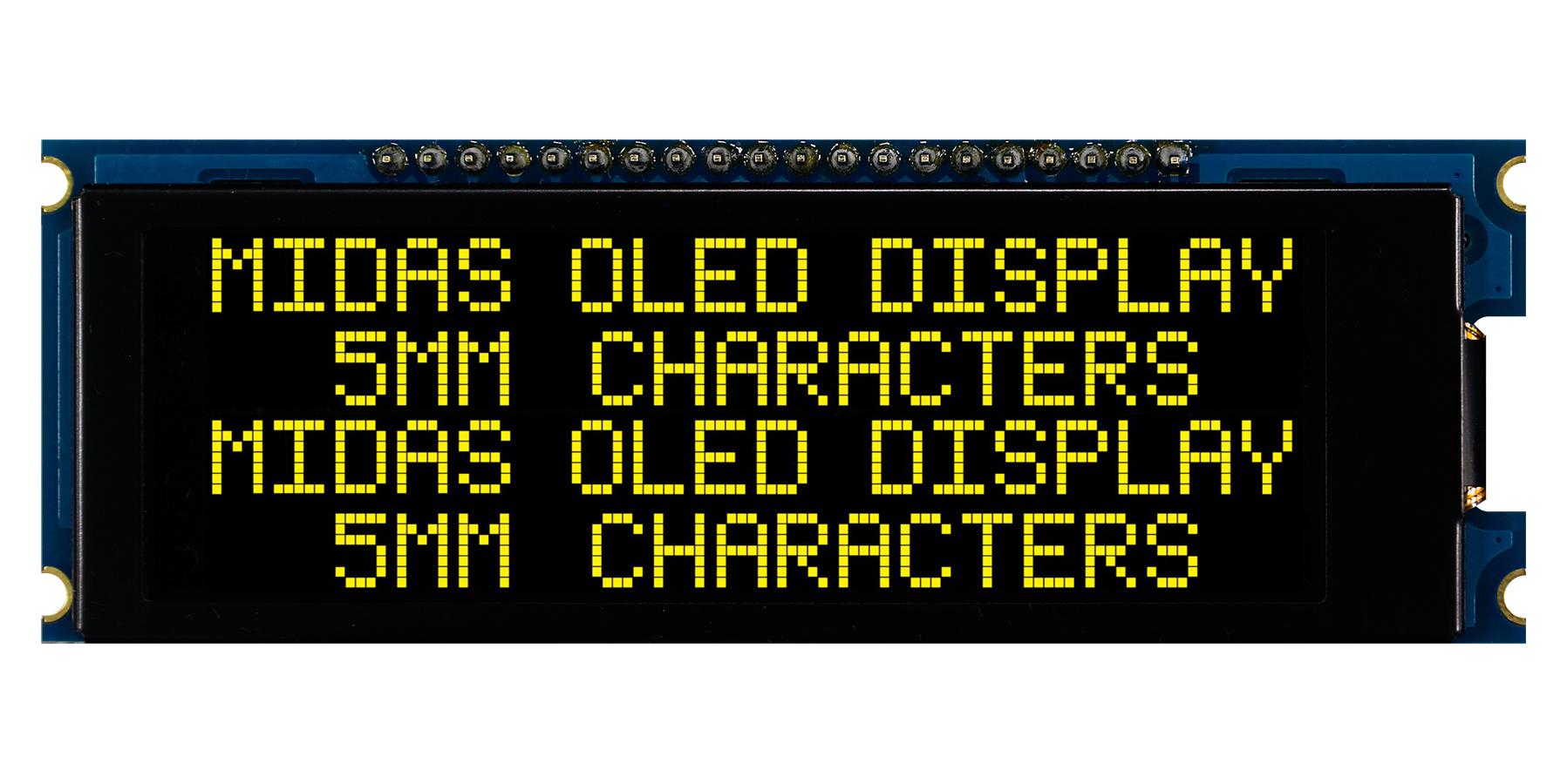 Midas Displays Mdob42005Cv-Eym Oled Module, Cob, 20 X 4, Yellow On Blk