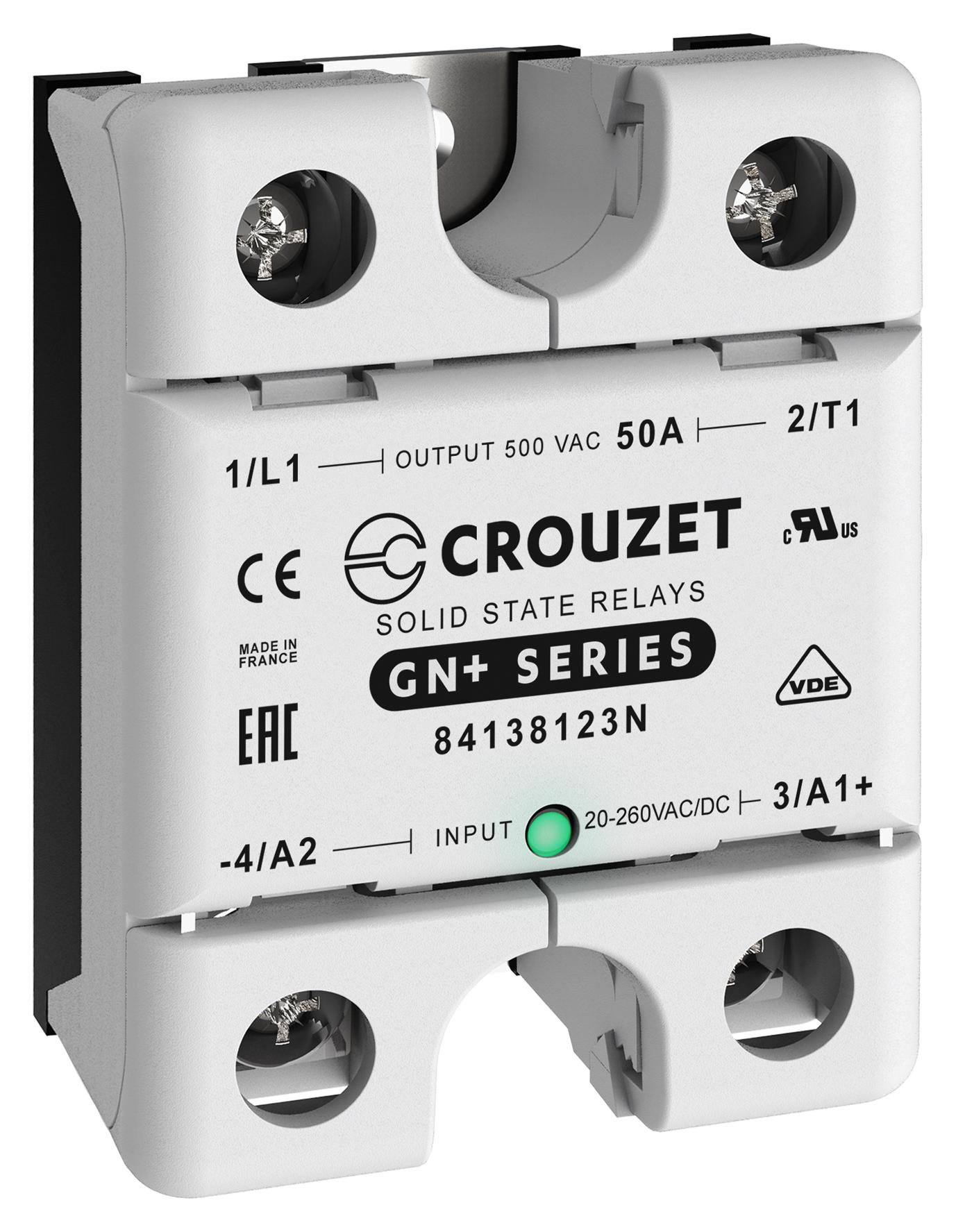 Crouzet 84138123N Solid State Relay, 50A, 24-500Vac, Panel