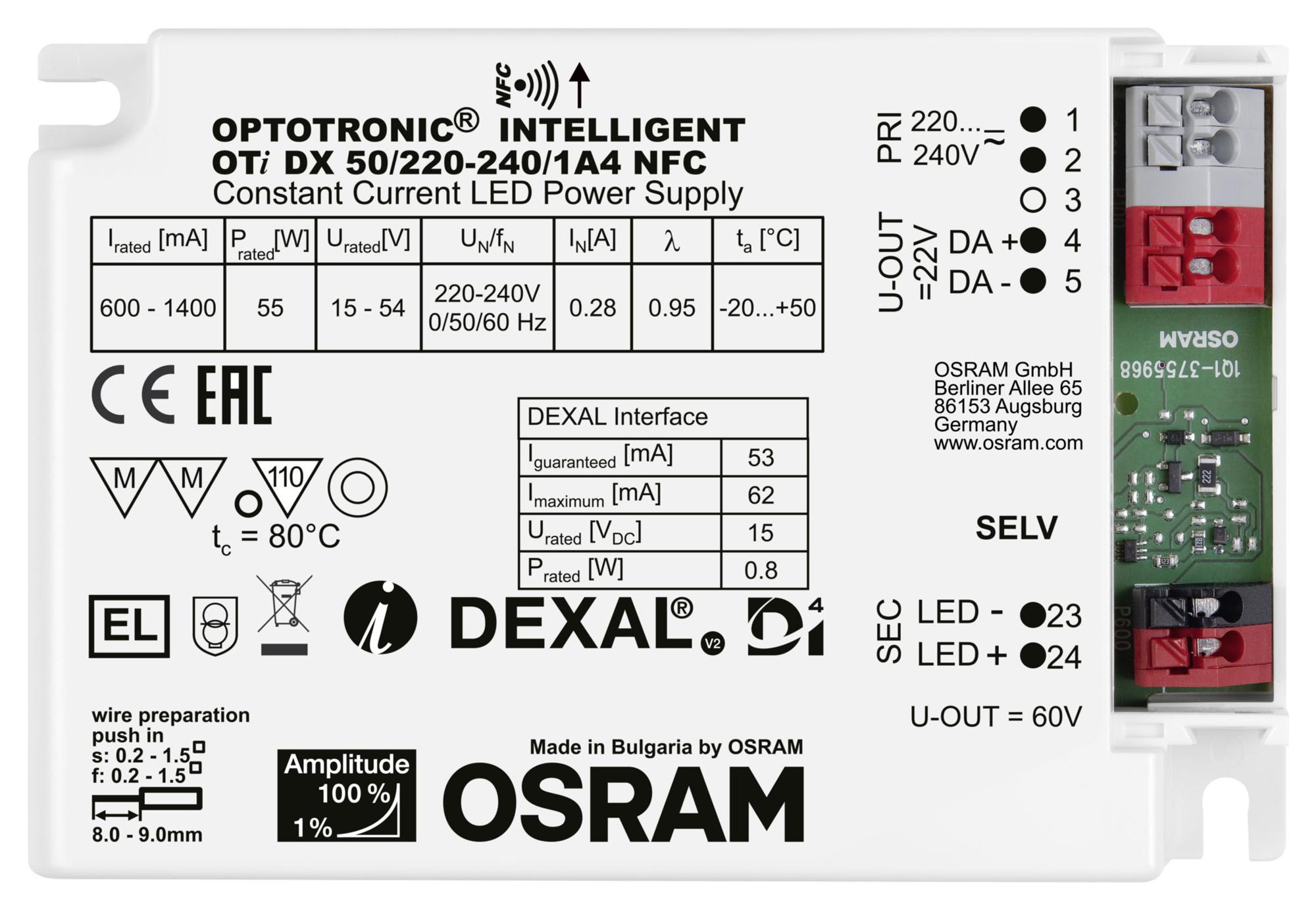 Osram Oti-Dx-50/220-240/1A4-Nfc Led Driver, Constant Current, 60V, 55W