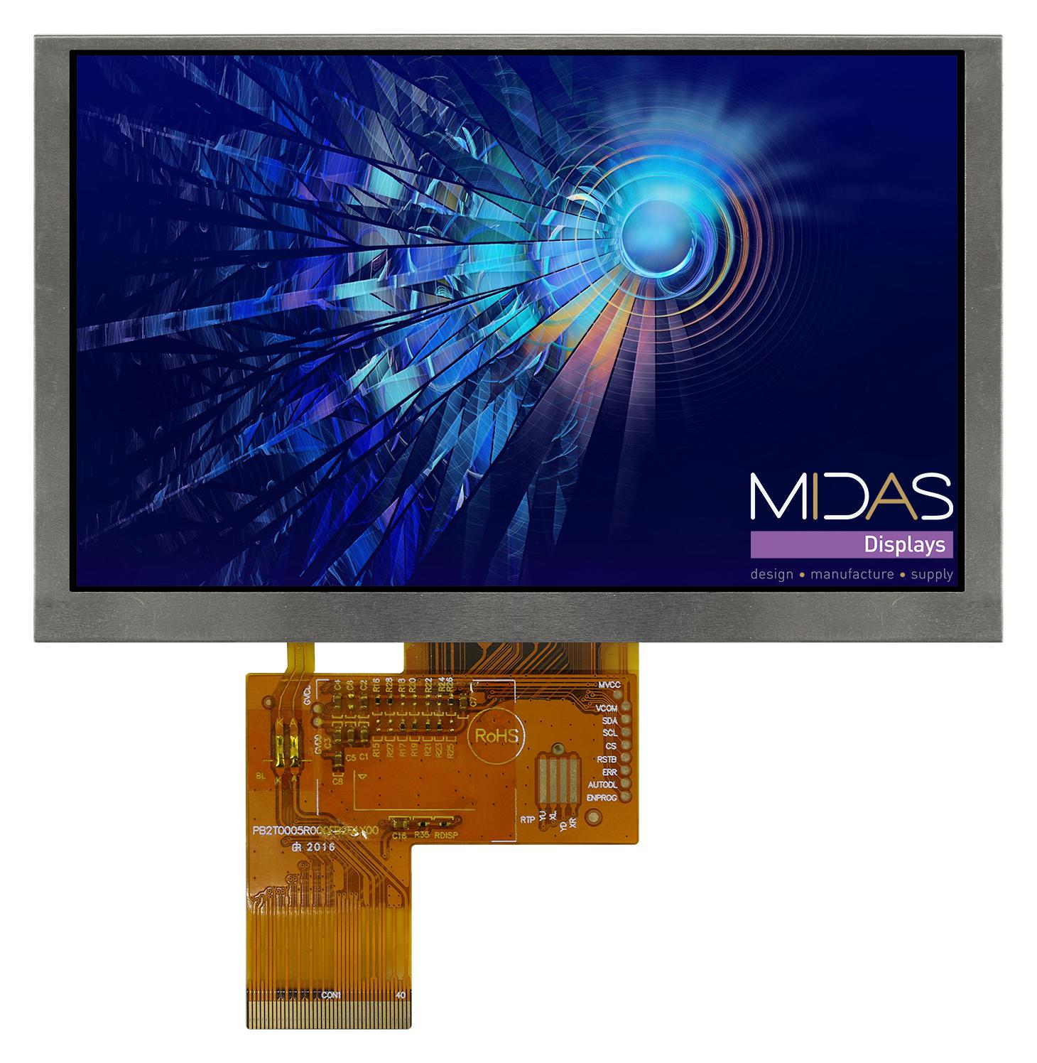 Midas Displays Mdt0500D6Ih-Lvds Lcd Tft Display, 5, 800 X 480P, Lvds