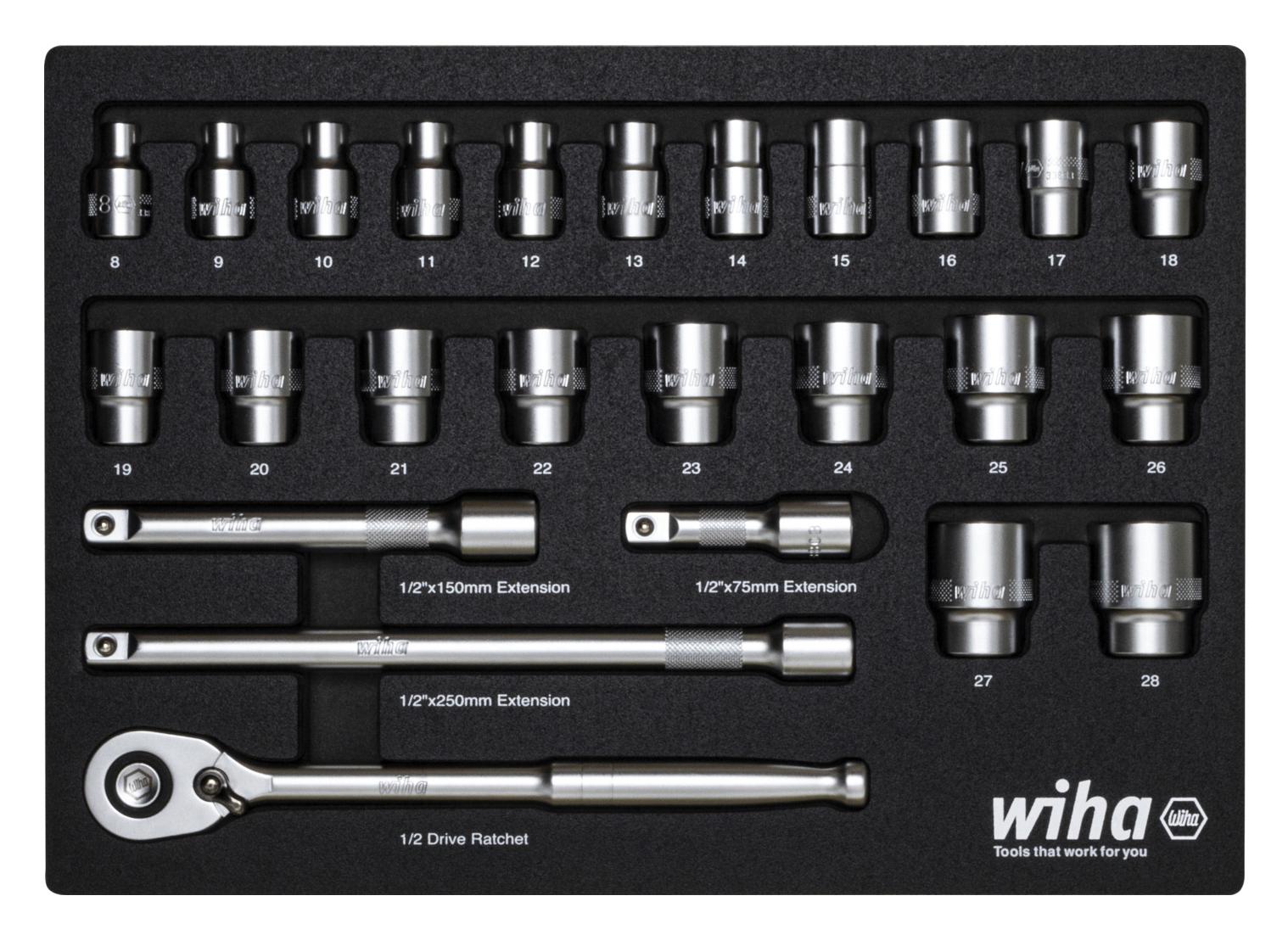 Wiha 44740 Ratchet Wrench Set, 1/2, 26Pc