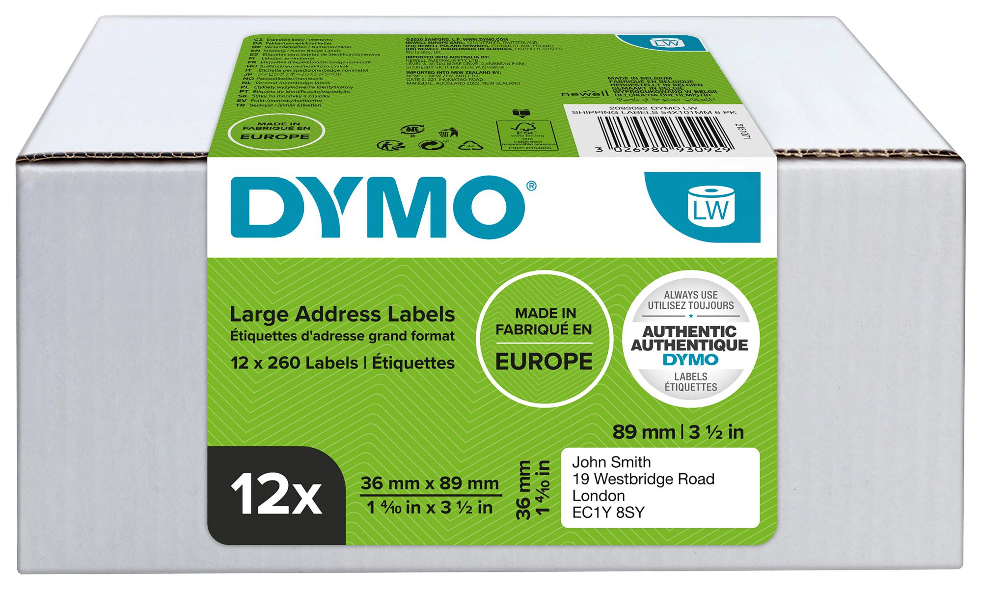 Dymo 2093093 Label, Paper, 89mm X 36mm, Pk12