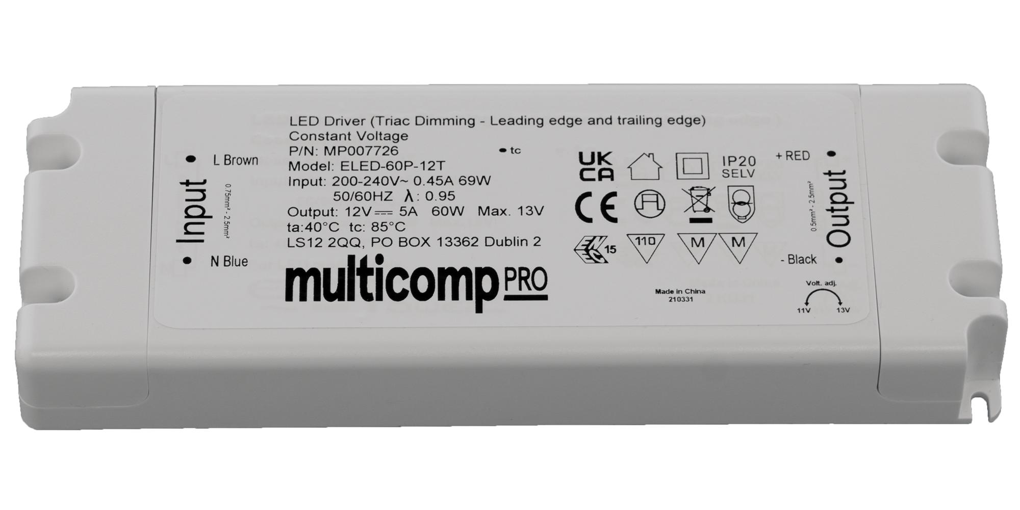 Multicomp Pro Mp007727 Led Driver, Constant Voltage, 60W