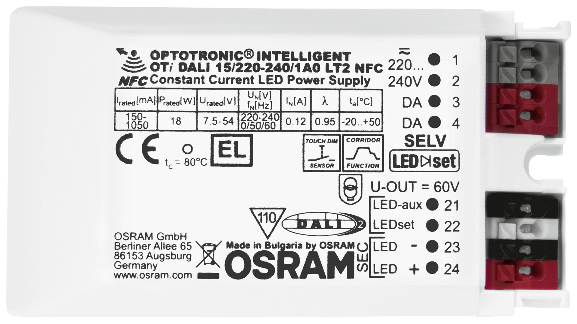 Osram Oti-Dali-15/220-240/1A0-Lt2-Nfc Led Driver, Constant Current, 18W