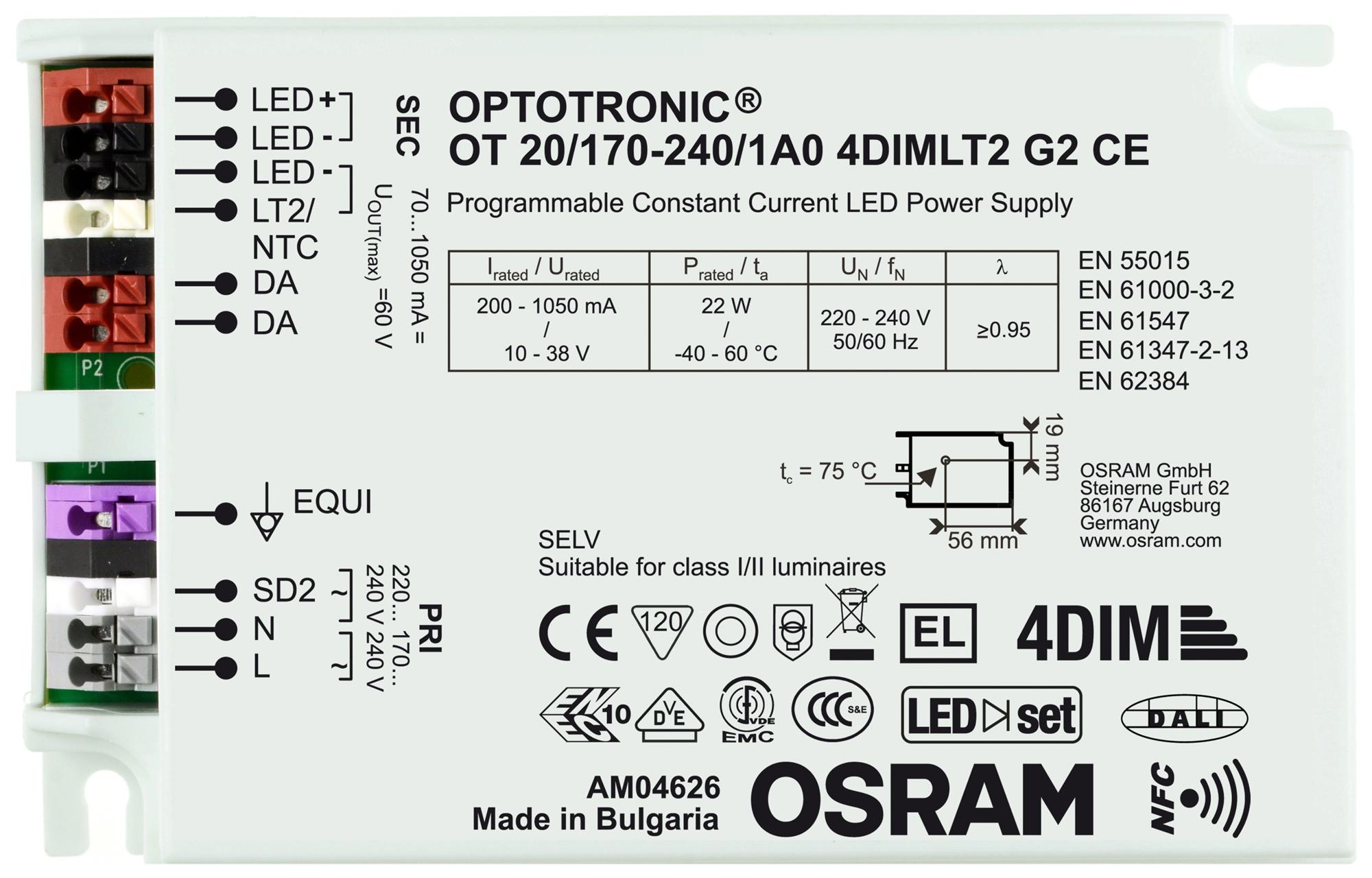 Osram Ot-20/170-240/1A0-4Dimlt2-G2-Ce Led Driver, Constant Current, 22W