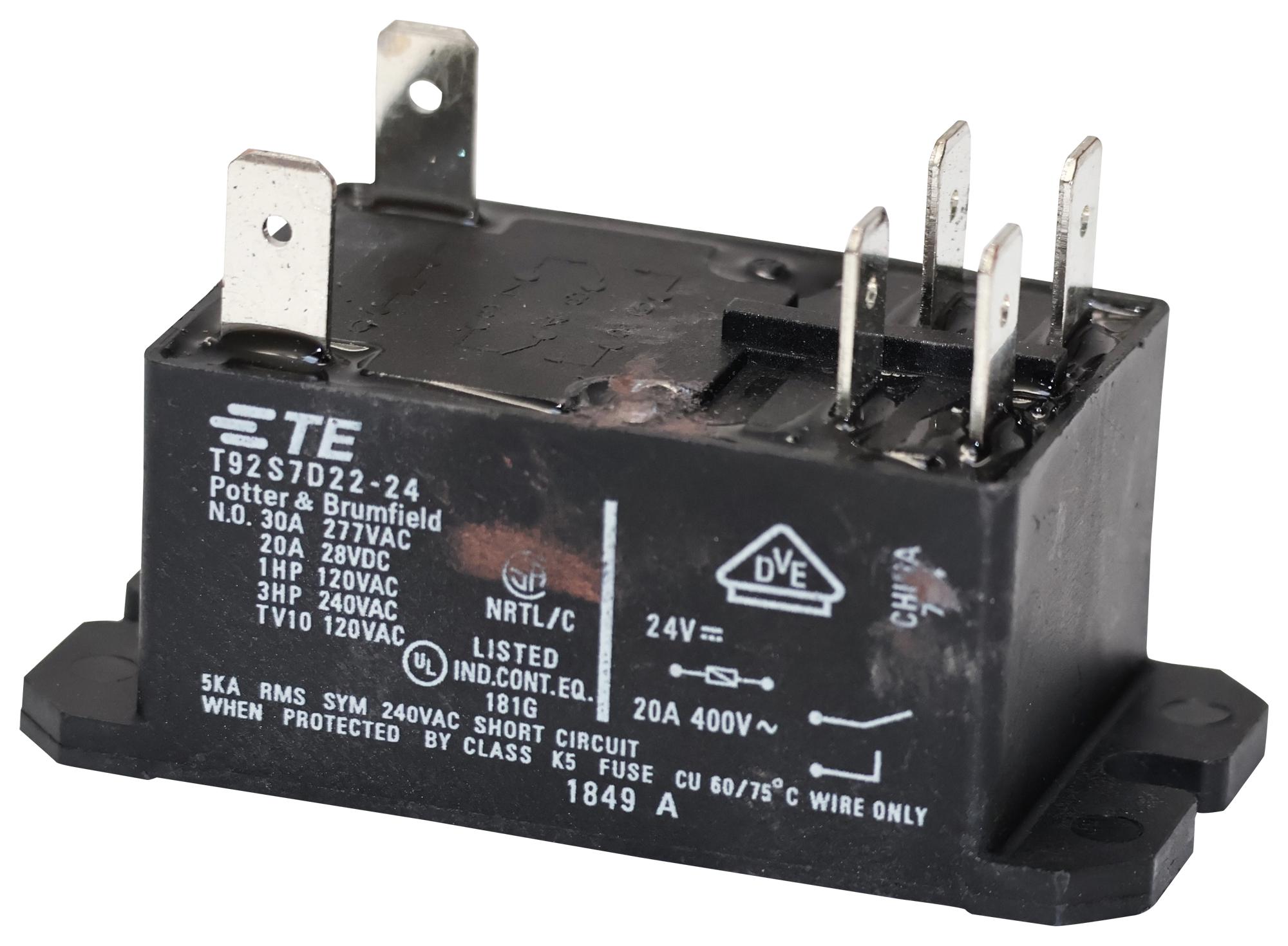 Potter & Brumfield Relays / Te Connectivity T92S7D22-24 Power Relay, Dpst, 24Vdc, 30A, Panel