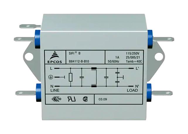 EPCOS B84112B0000B030 Power Line Filter, 1-Phase, 3A, 250V